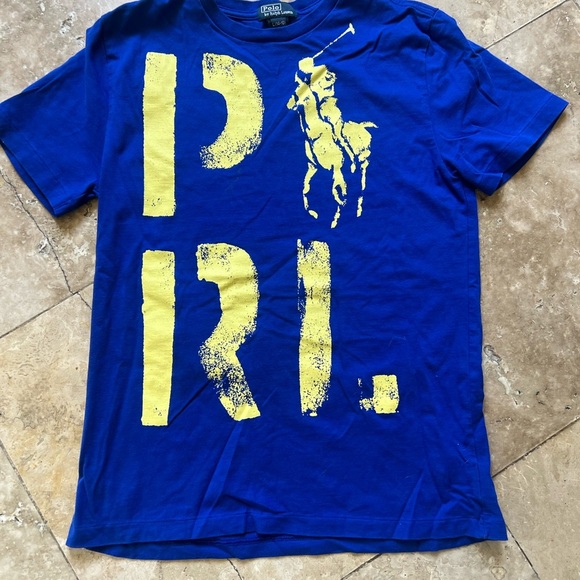 Polo by Ralph Lauren Blue T-Shirt with Yellow Logo boys size large 14/16 - Picture 1 of 7